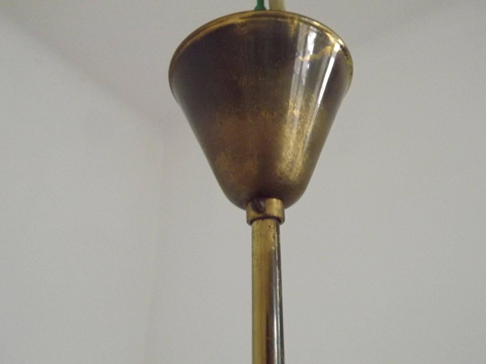 photo for sale French Vintage Retro Mid Century Black & Gold 5 Arm Chandelier Glass Shades   French Vintage Lighting. Retro Chandelier. Opaque Glass Shades
