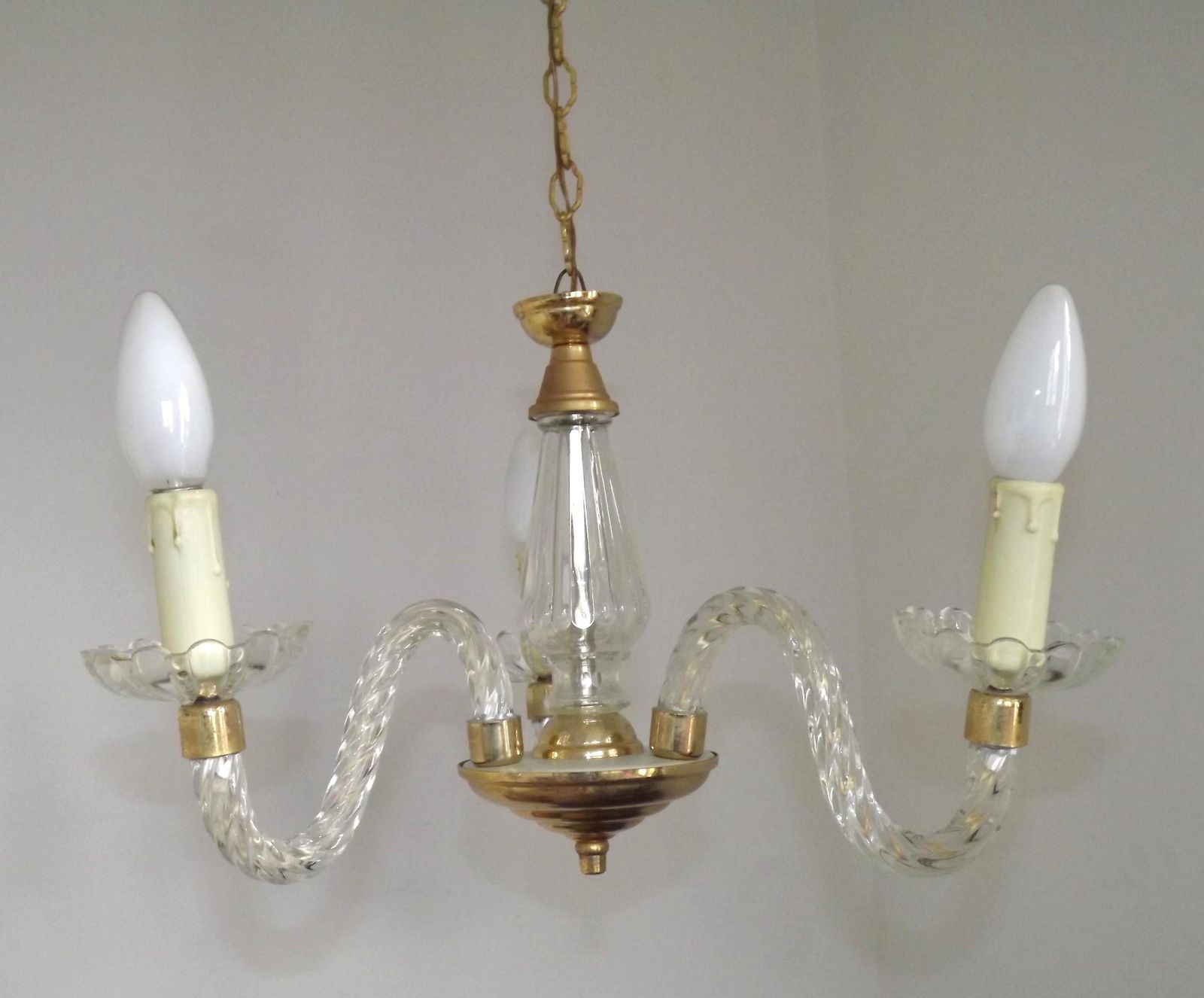 Beautiful French Barley Twist Glass Arms And Gold Metal 3 Light Chandelier   French Vintage Lighting. Cut Glass And Gold Metal Chandelier. photo for sale