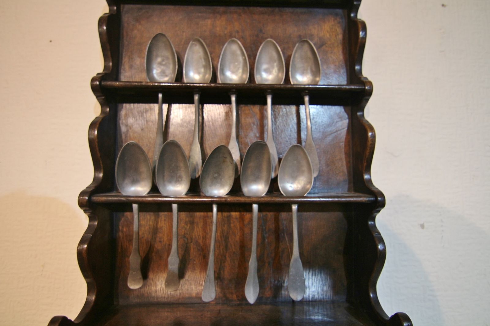Georgian Inlaid Oak Spoonrack & Pewter Spoons photo Furniture
