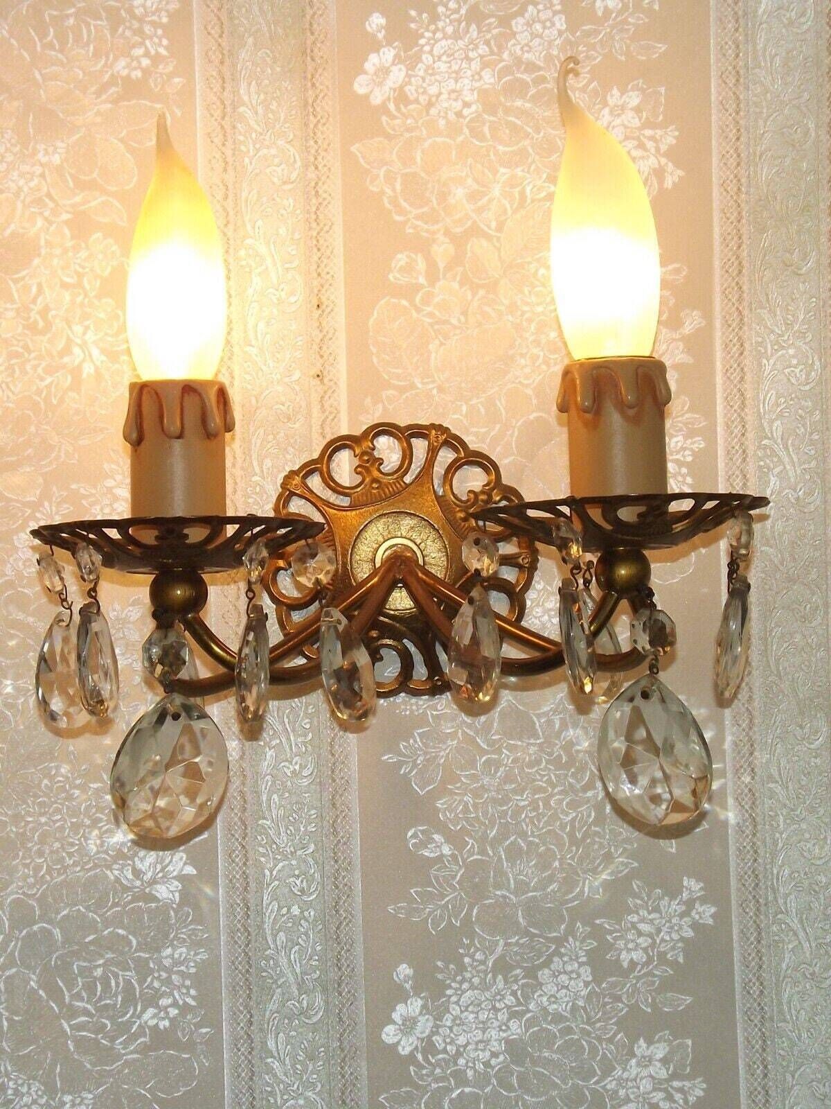 Pair French Vintage Brass Double Wall Lights With Assorted Crystal Drops   French Vintage Lighting. Double Light Crystal Wall Sconces. photo Lighting