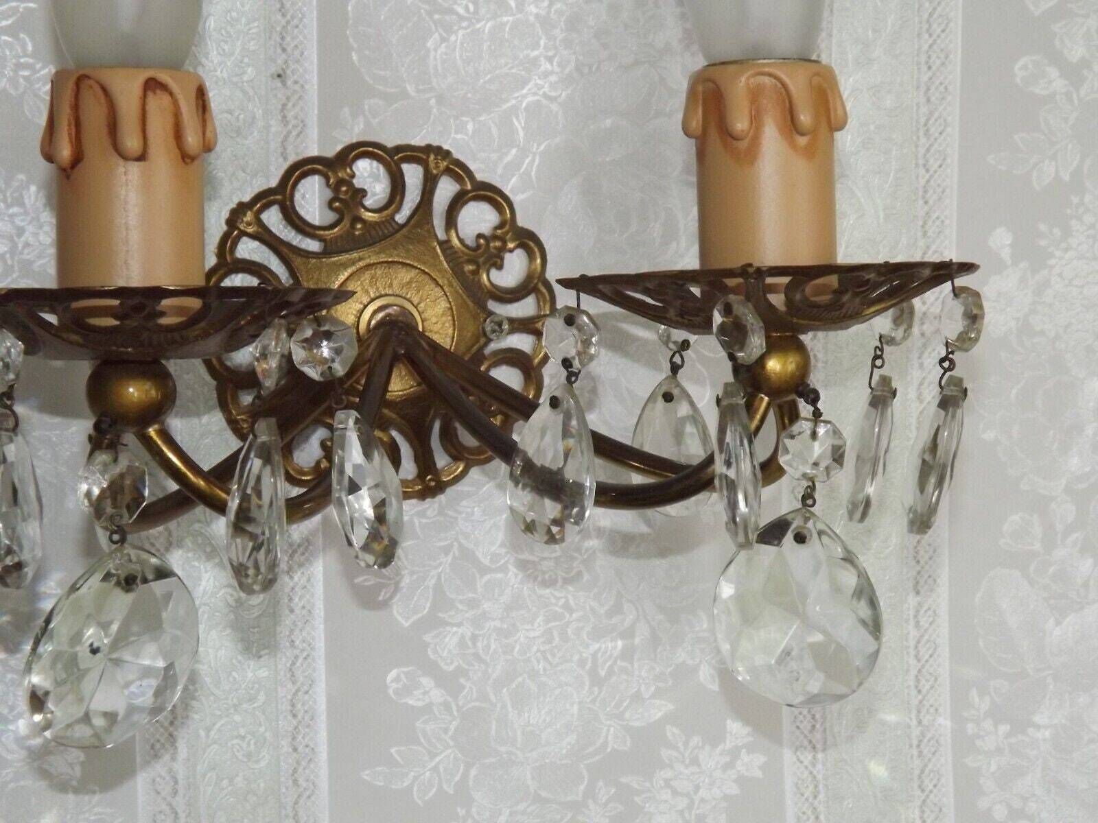 Pair French Vintage Brass Double Wall Lights With Assorted Crystal Drops   French Vintage Lighting. Double Light Crystal Wall Sconces. photo vinterior