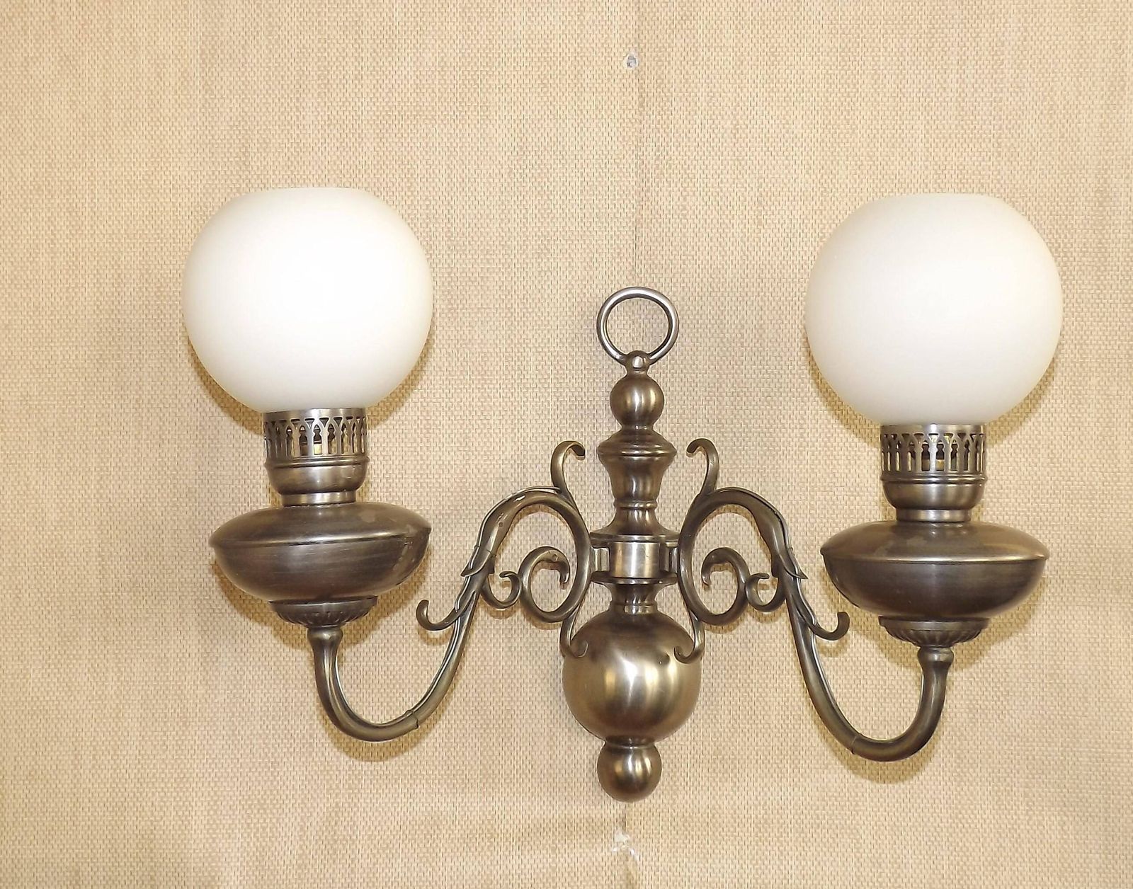 Double French Vintage Silver Flemish Wall Lights White Opaque Glass Shades   French Vintage Lighting. Double Wall Sconce. Glass Ball Shades. photo furniture