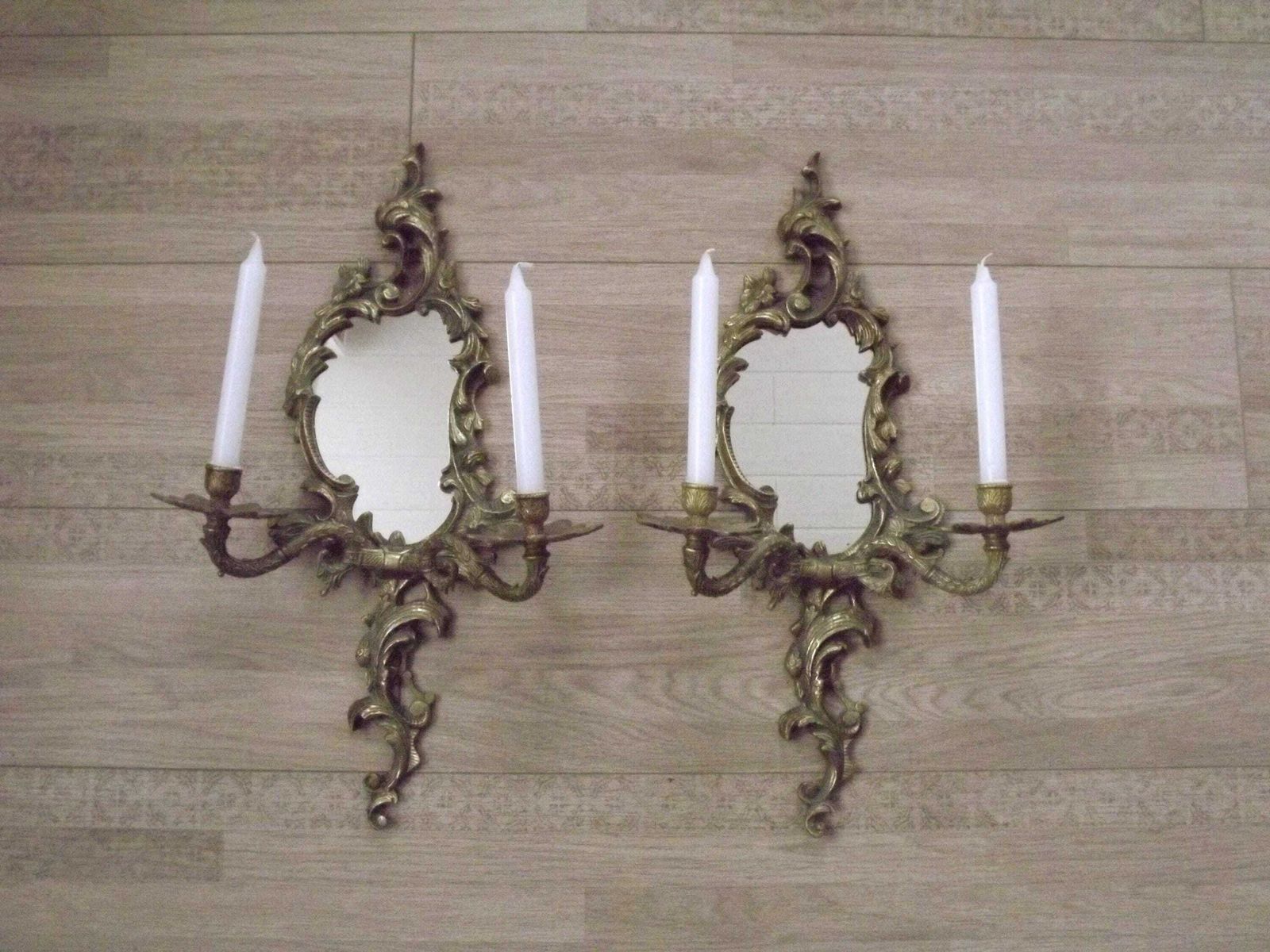 Beautiful Pair Large French Antique Bronze Mirror Double Candle Wall Sconces   French Antique Lighting. Mirror Wall Sconces.Baroque Sconces.
