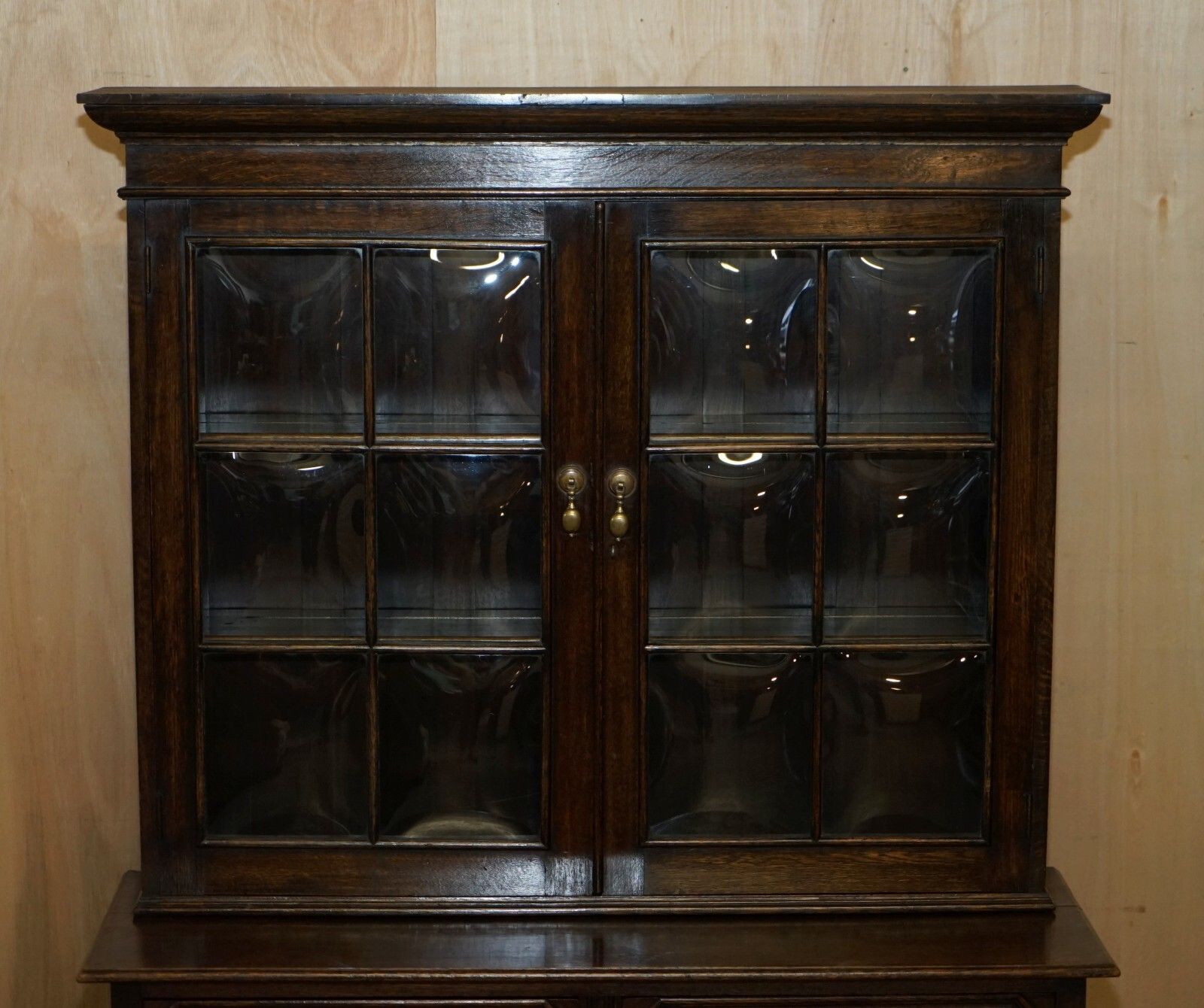Vintage Jacobean Revival English Carved Oak Library Bookcase Dresser Cupboard photo for sale