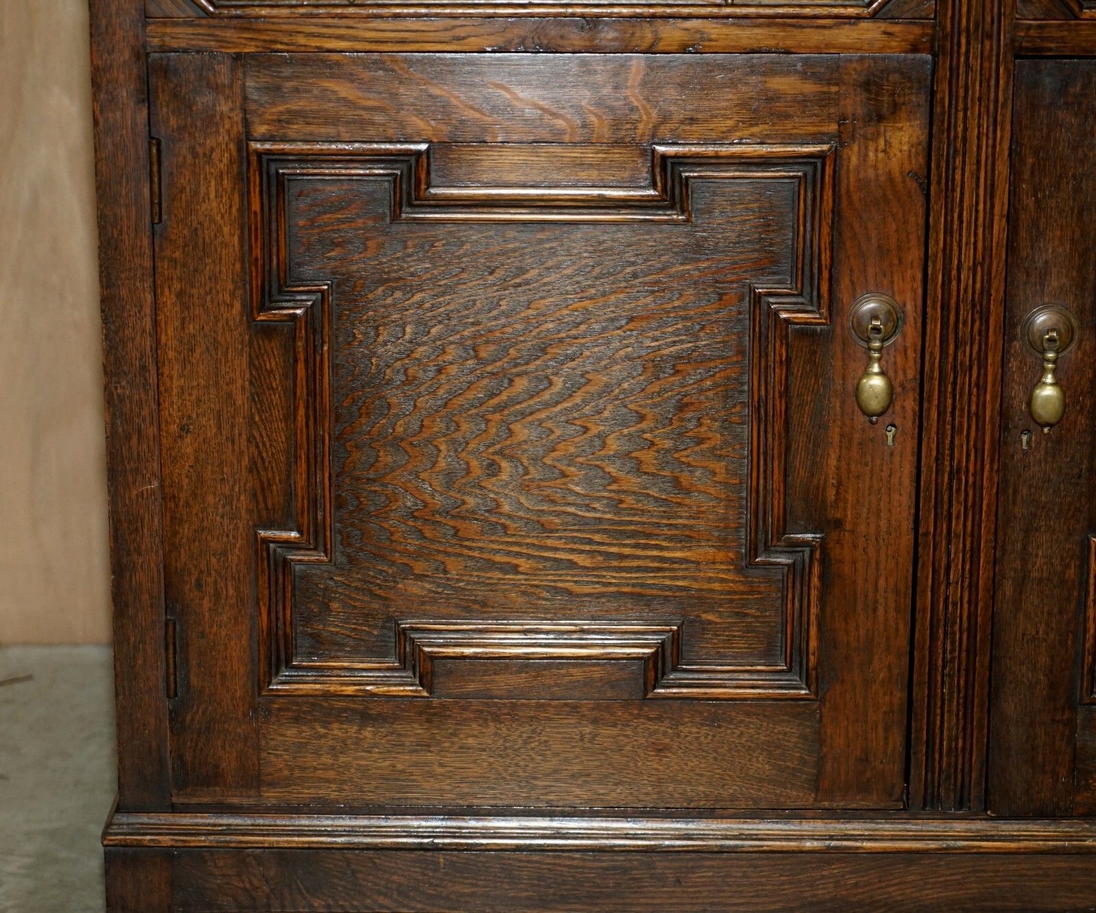 photo for sale Vintage Jacobean Revival English Carved Oak Library Bookcase Dresser Cupboard