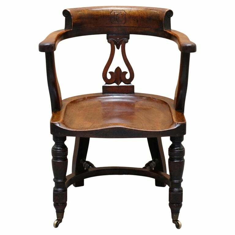 Very Rare Eton College Victorian Walnut Captains Chairs Carved Ec To The Back