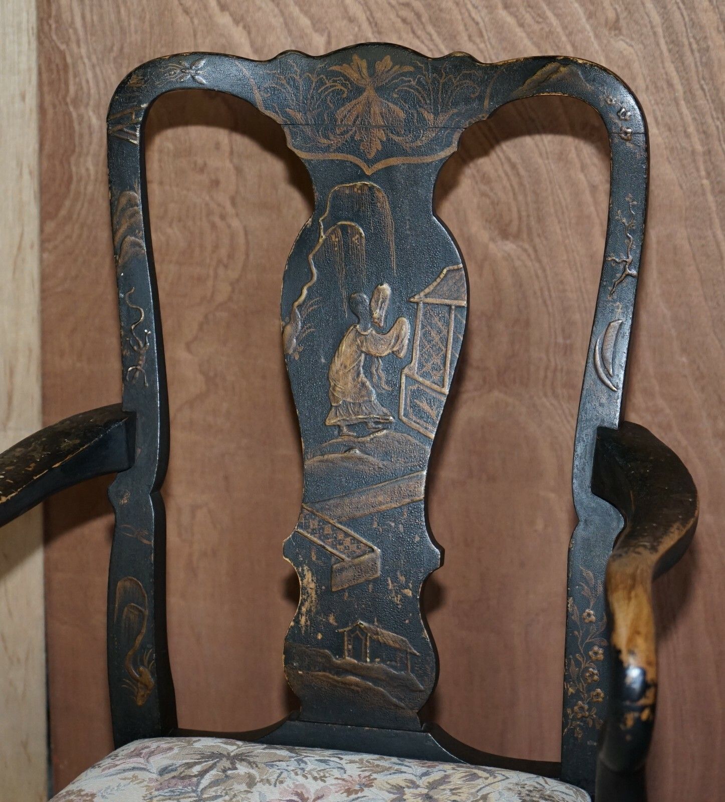 Antique Georgian Chinoiserie Black Lacquer Armchair Original Paint Well Worn photo buy