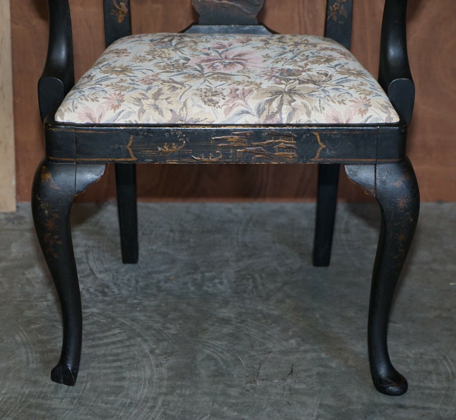 photo furniture Antique Georgian Chinoiserie Black Lacquer Armchair Original Paint Well Worn