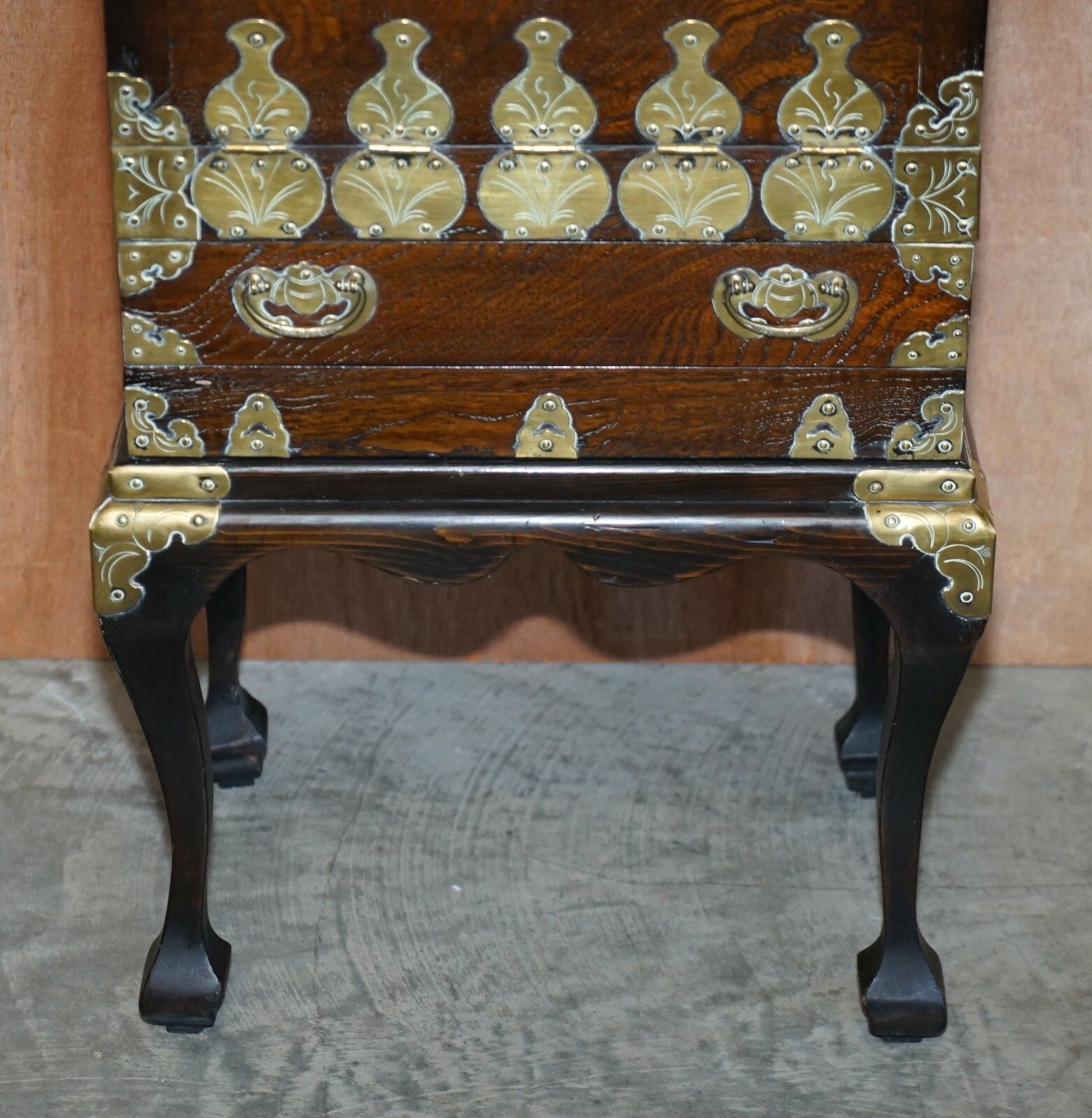 Antique Japanese 1880 Elm Side Table On Stand With Ornate Cast Brass Fixtures photo Furniture