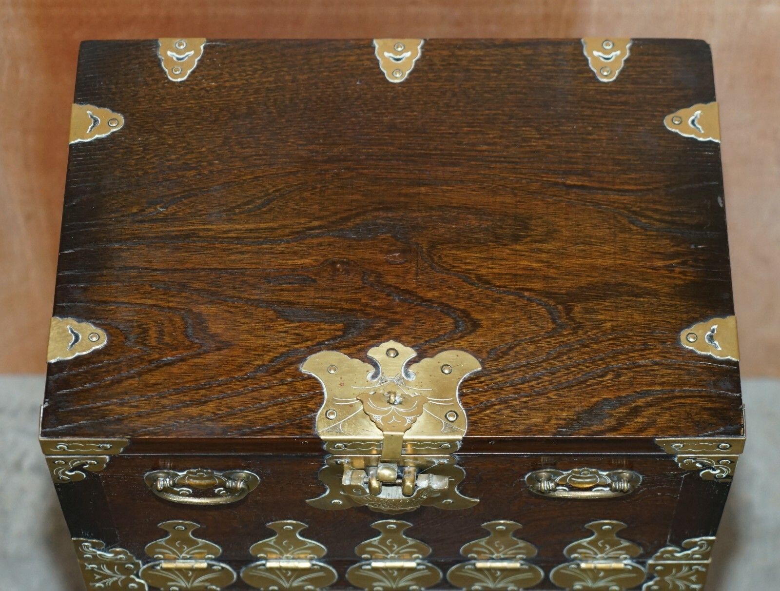 Antique Japanese 1880 Elm Side Table On Stand With Ornate Cast Brass Fixtures photo vintage