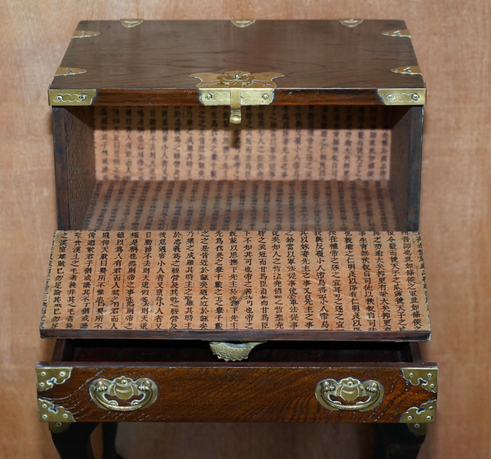 Furniture Antique Japanese 1880 Elm Side Table On Stand With Ornate Cast Brass Fixtures photo