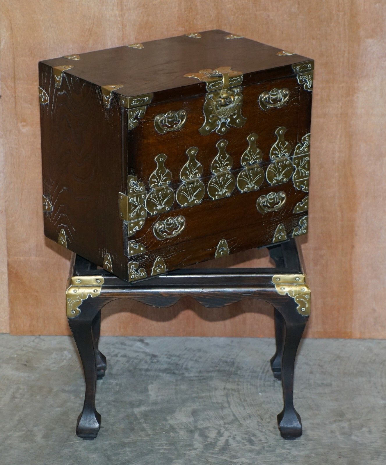 2340.0 Antique Japanese 1880 Elm Side Table On Stand With Ornate Cast Brass Fixtures photo
