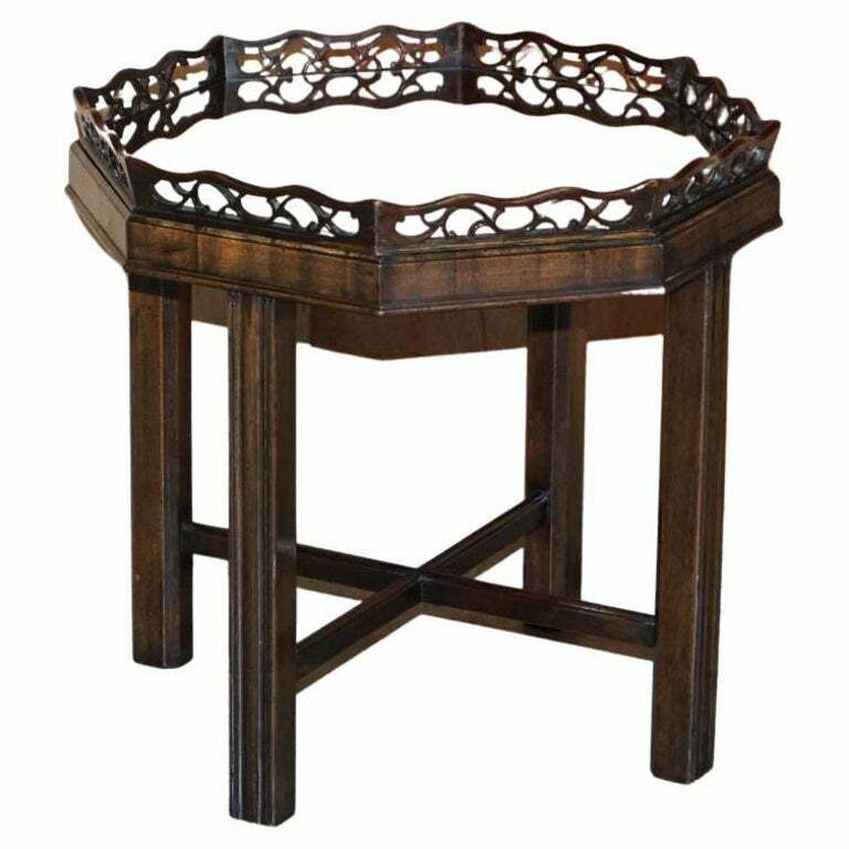 Antique Thomas Chippendale Fret Work Carved Card Games Tray Table Removable Top