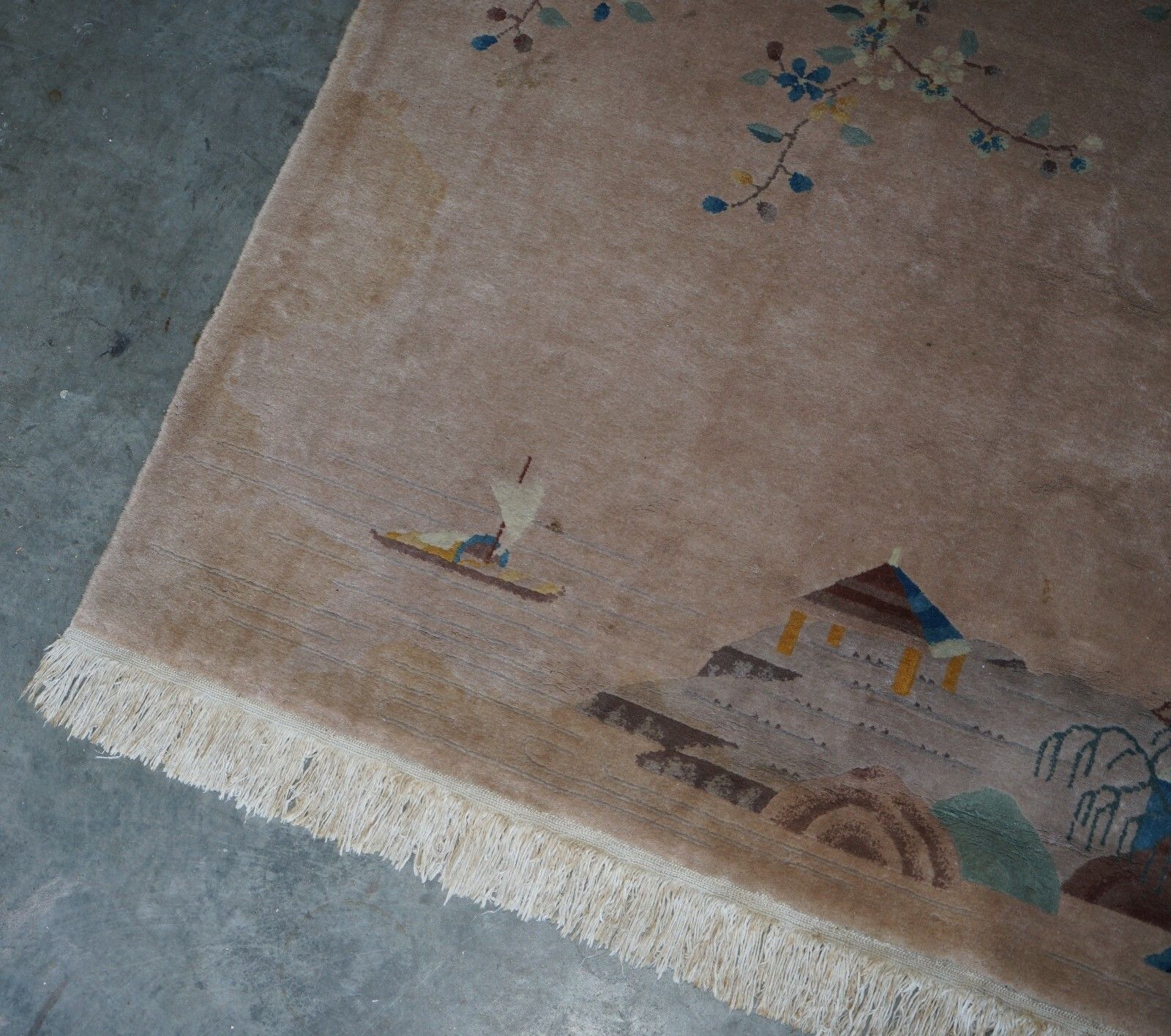 Antique Chinese Thick Knotted Wool Rug With Pagoda Temple And Floral Trees photo for sale
