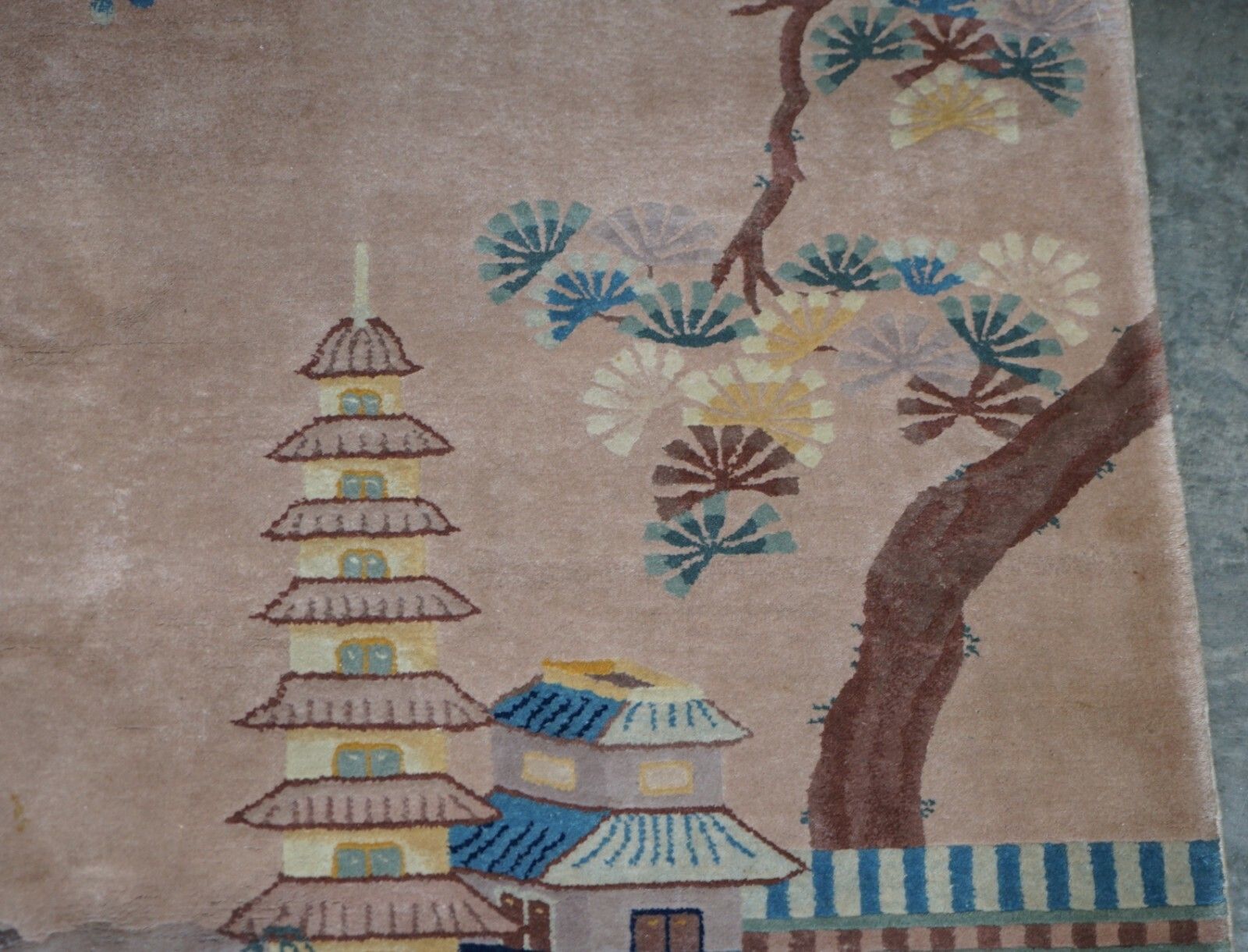 Antique Chinese Thick Knotted Wool Rug With Pagoda Temple And Floral Trees photo vinterior