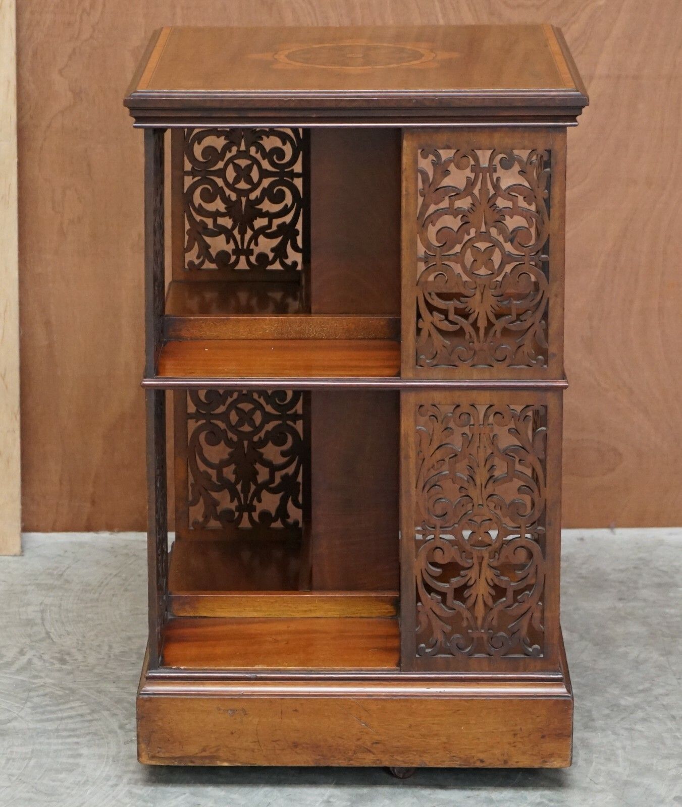 Sublime Antique Victorian Fret Work Carved Walnut & Mahogany Revolving Bookcases photo for sale
