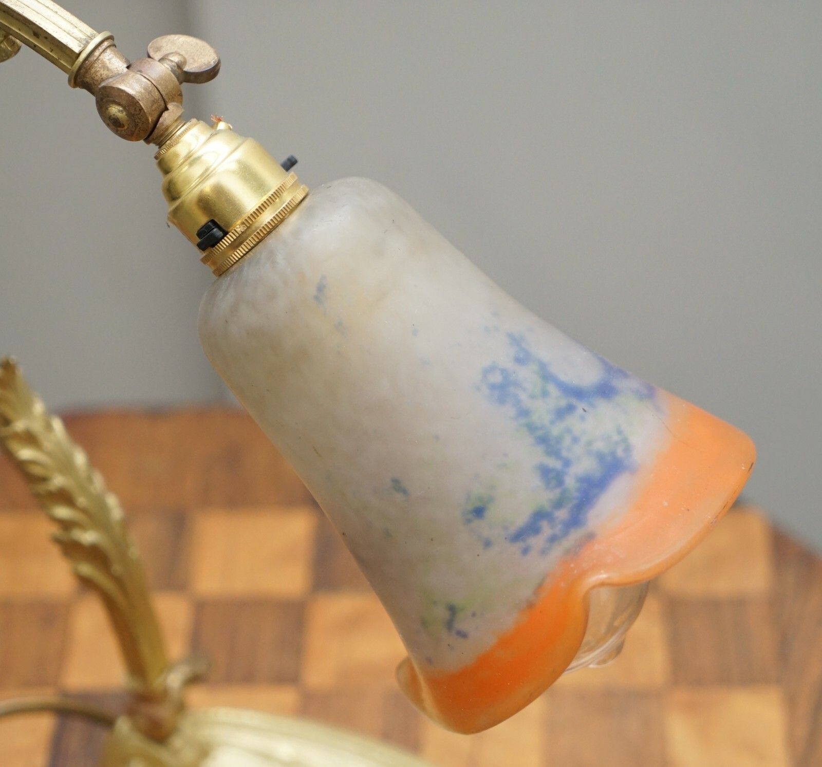 Stunning Circa 1930 Charles Schneider Gold Gilt Bronze Table Lamp Glass Shade photo vinterior
