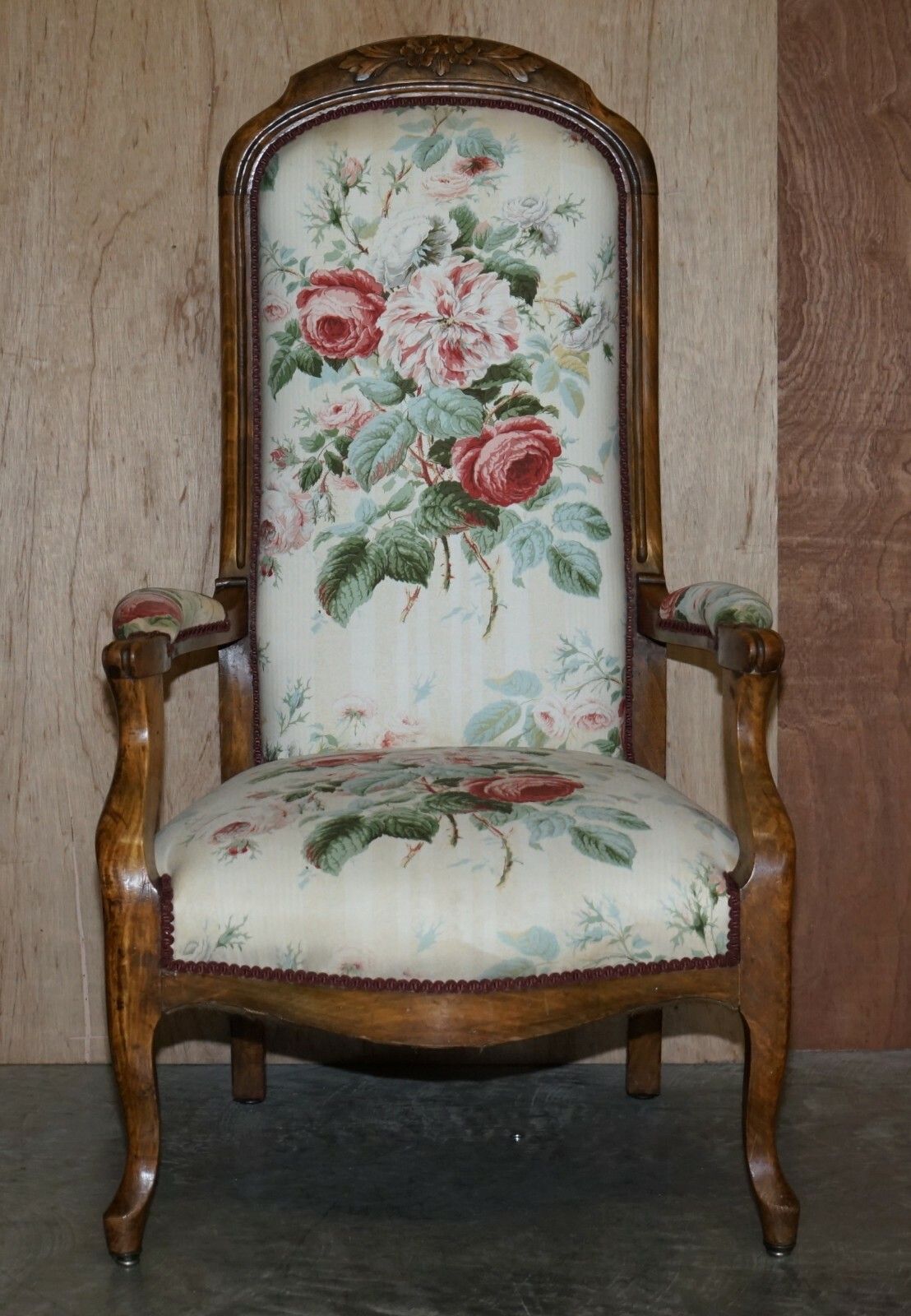 Victorian Hand Carved Walnut, Show Framed High Back Armchair In Colefax Fowler photo furniture