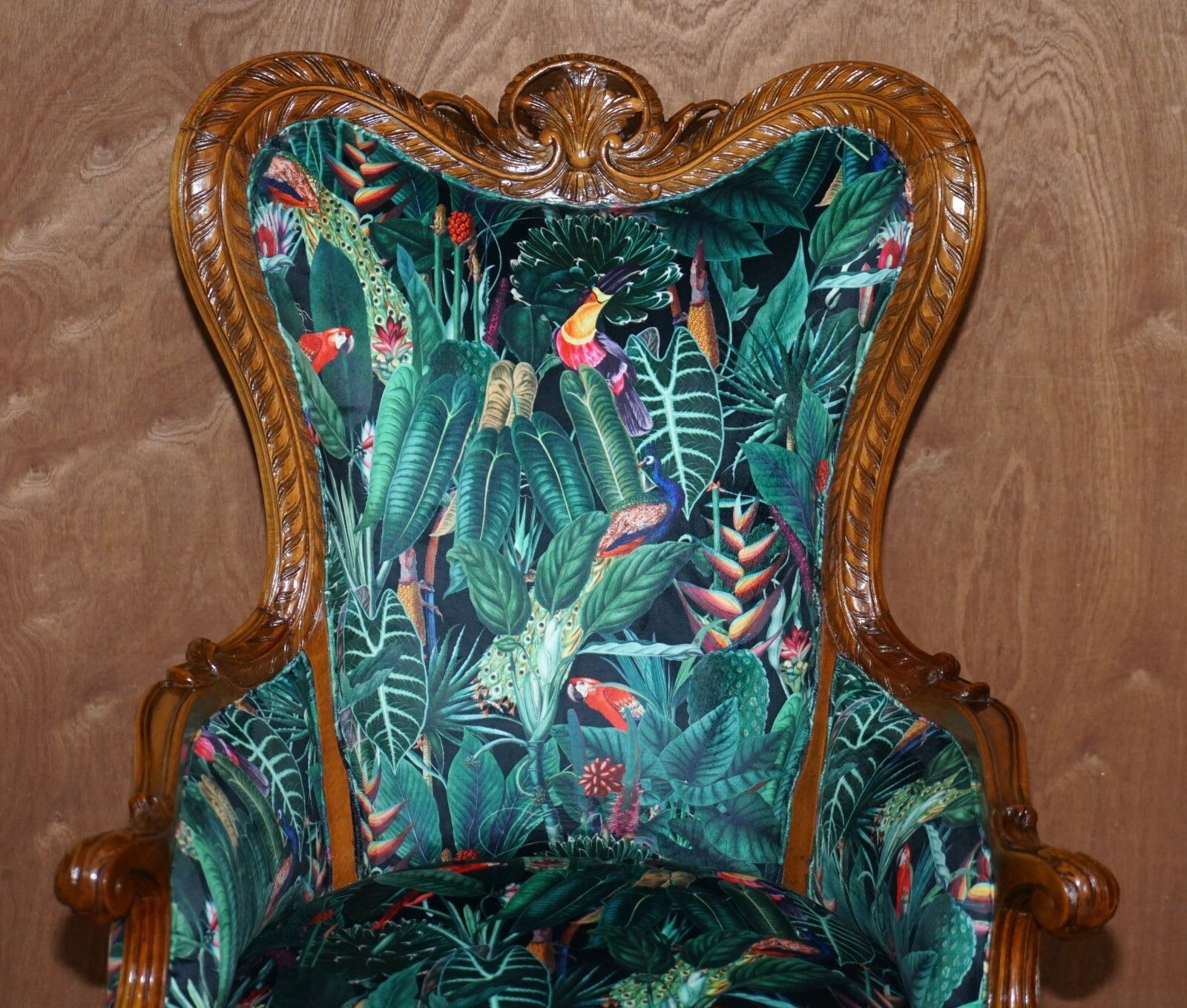 Lovely Vintage Italian Carved Walnut Armchair With Birds Of Paradise Upholstery photo for sale