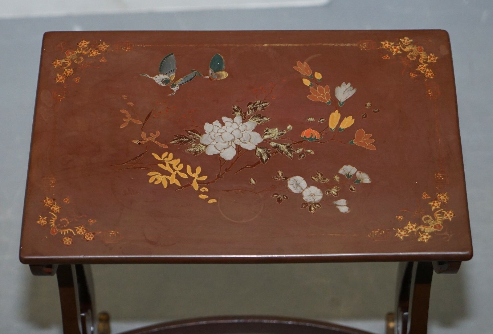 photo for sale Sublim Nest Of 4 Circa 1880 Chinese Export Brown Lacqurered Tables Hand Painted