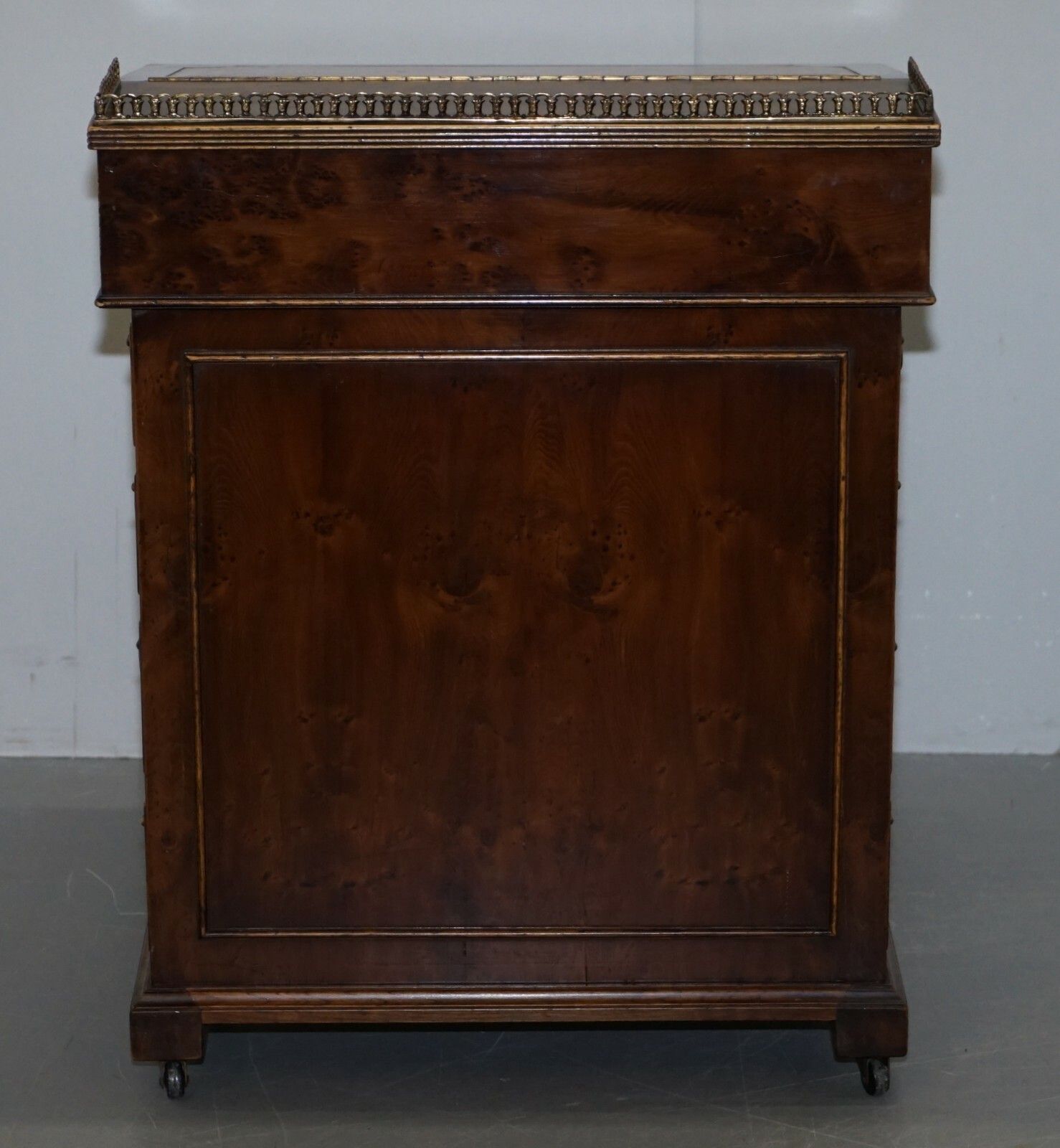 photo for sale Vintage Burr Walnut, Leather & Brass Galery Rail Davenport Desk Workstation