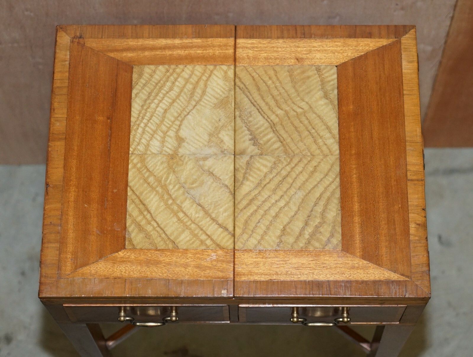 Vintage Walnut Satinwood Games Card Side Table, Fold Out Chess Board & Drawers photo Furniture