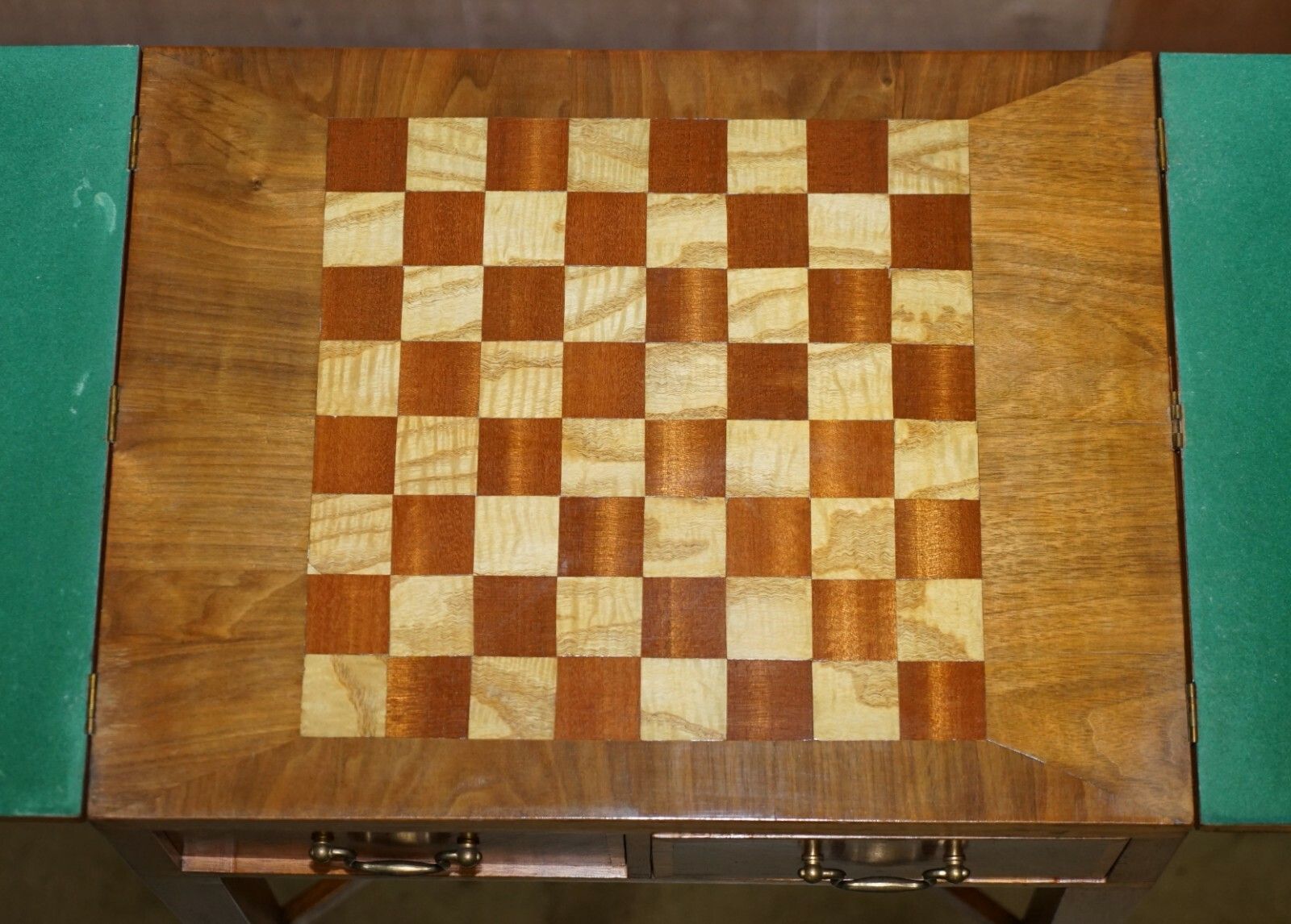 Furniture Vintage Walnut Satinwood Games Card Side Table, Fold Out Chess Board & Drawers photo