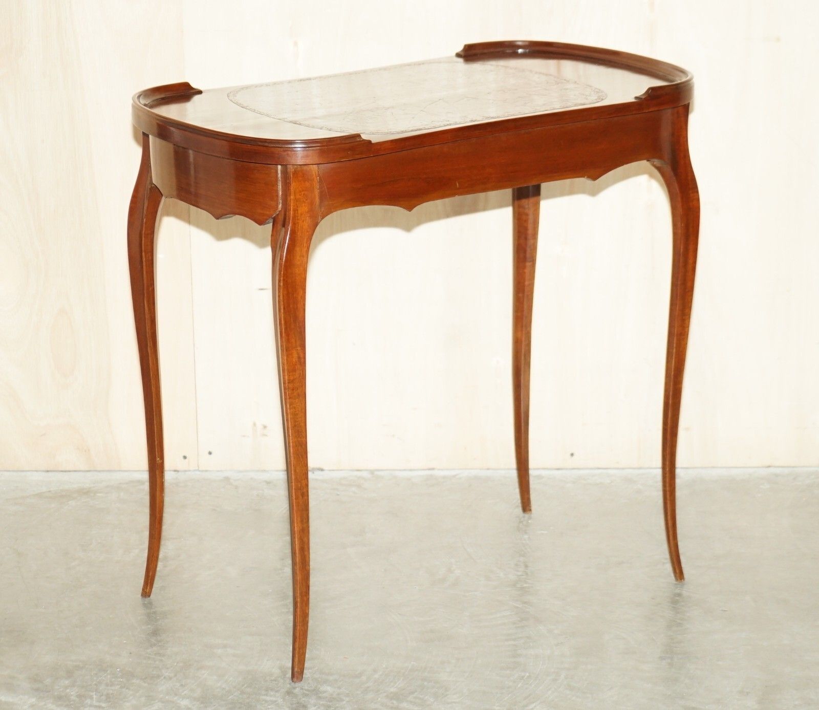 Restored Antique Kidney Shaped Occasional Table With Drawers Brown Leather Top photo furniture