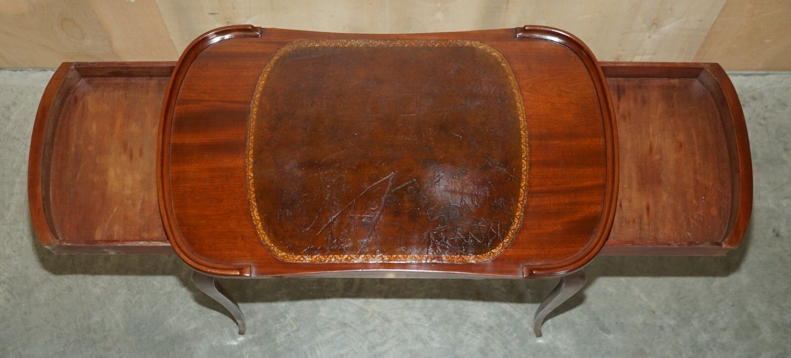 1850.0 Restored Antique Kidney Shaped Occasional Table With Drawers Brown Leather Top photo