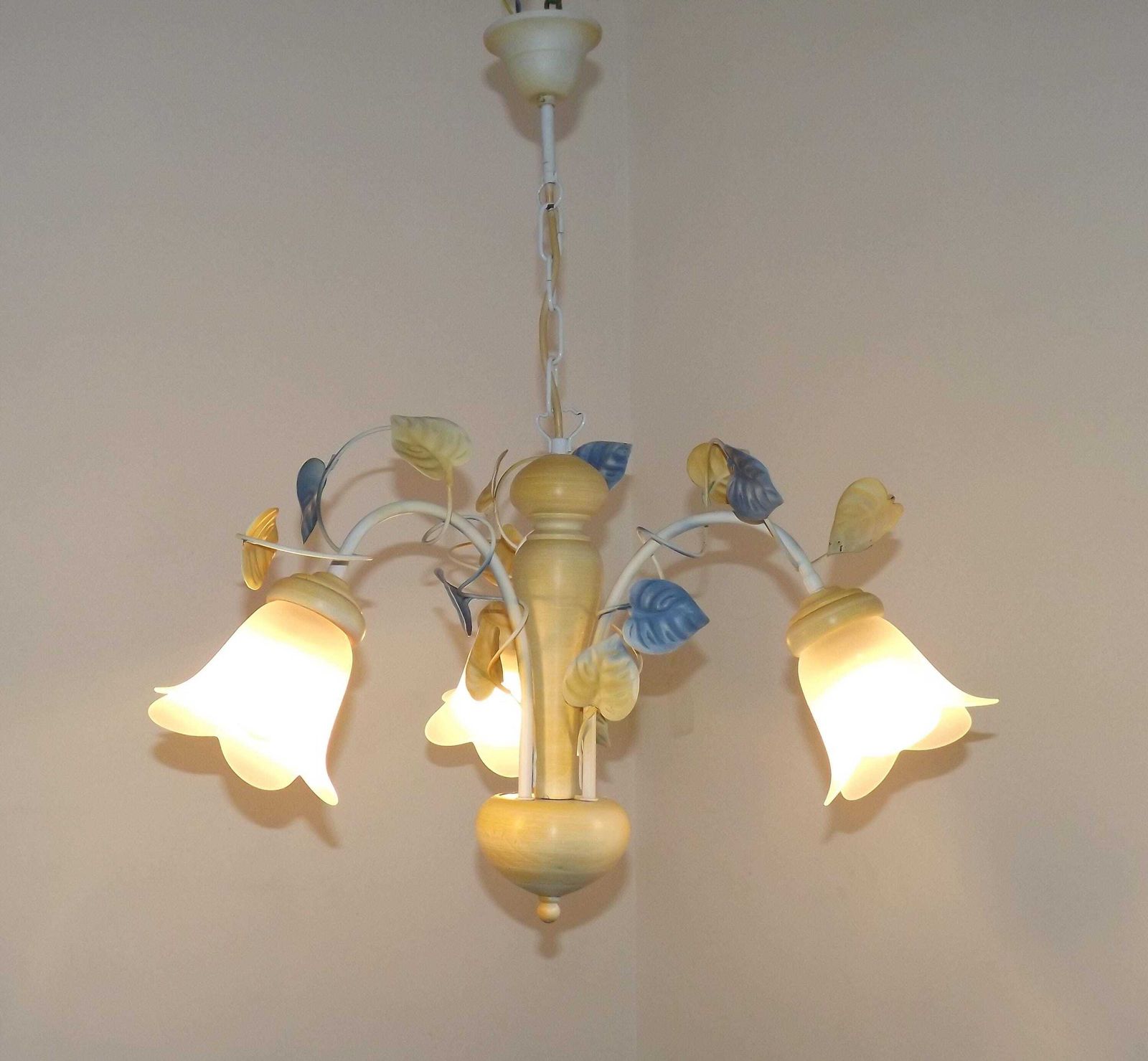Vintage French 3 Light Toleware Chandelier Blue & Yellow Leaves Flower Opaque Glass Shade   French Vintage Lighting. 3 Light Chandelier. photo furniture