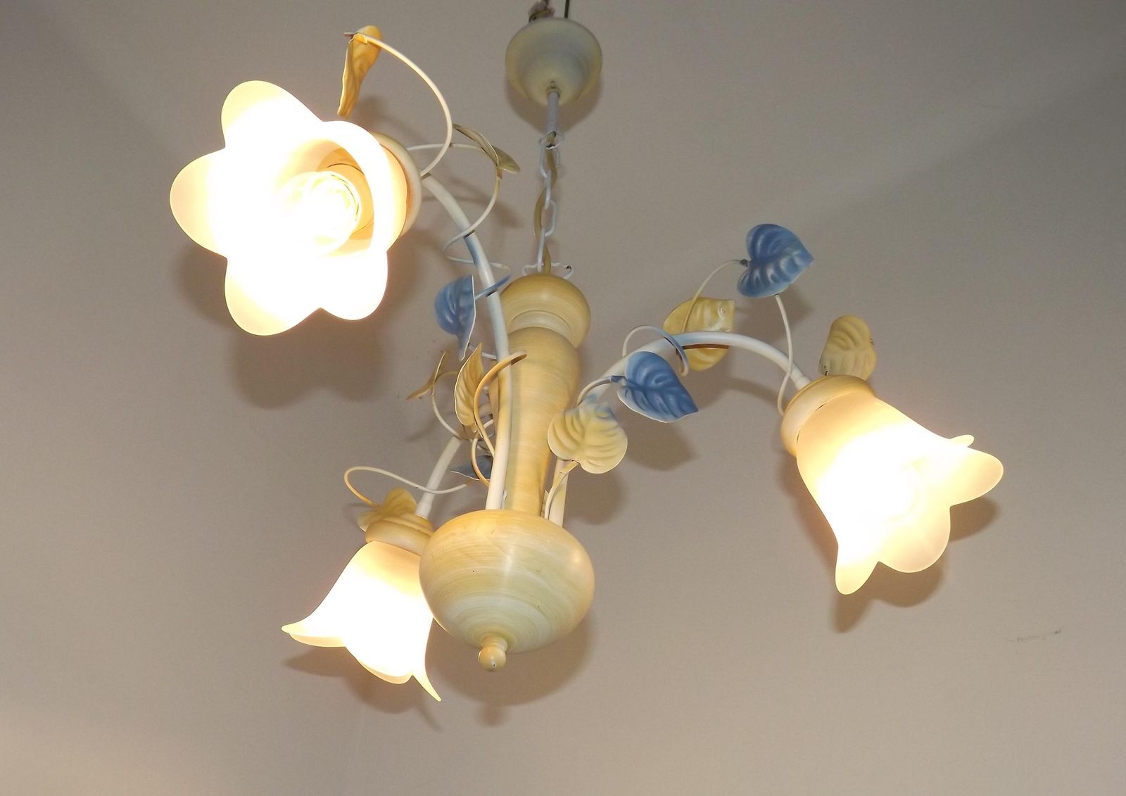 Vintage French 3 Light Toleware Chandelier Blue & Yellow Leaves Flower Opaque Glass Shade   French Vintage Lighting. 3 Light Chandelier. photo 137.0