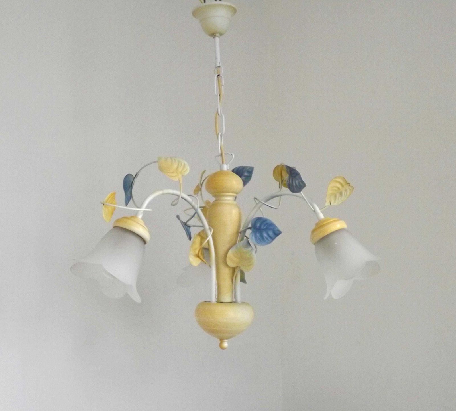 photo for sale Vintage French 3 Light Toleware Chandelier Blue & Yellow Leaves Flower Opaque Glass Shade   French Vintage Lighting. 3 Light Chandelier.