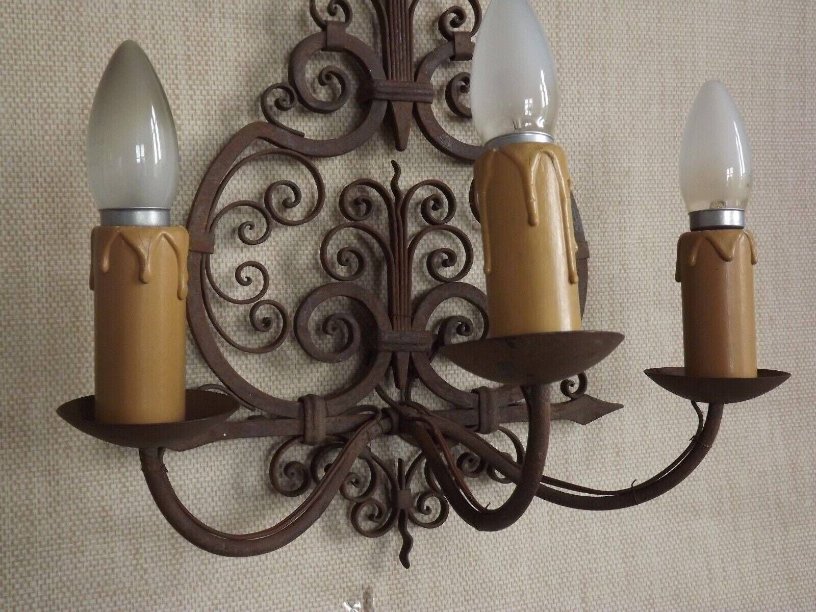 Early 20th Century French 3 Light Wrought Iron Wall Sconce With Scroll Detail   French Antique Lighting. Medieval Wall Light. Wrought Iron. photo buy
