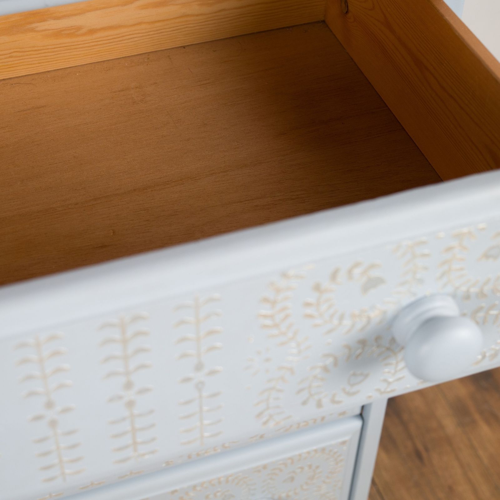 Hand Painted Vintage Solid Pine Blue Chest Of Drawers With Pearl Effect Stencil Detail photo Furniture