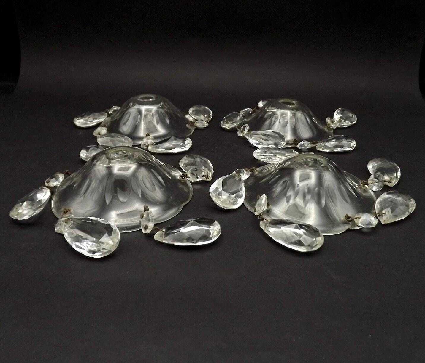 Beautiful Set Of 4 Cut Glass Bobeche Dishes With 5 Faceted Crystal Droplets   French Vintage Lighting Replacement Parts.