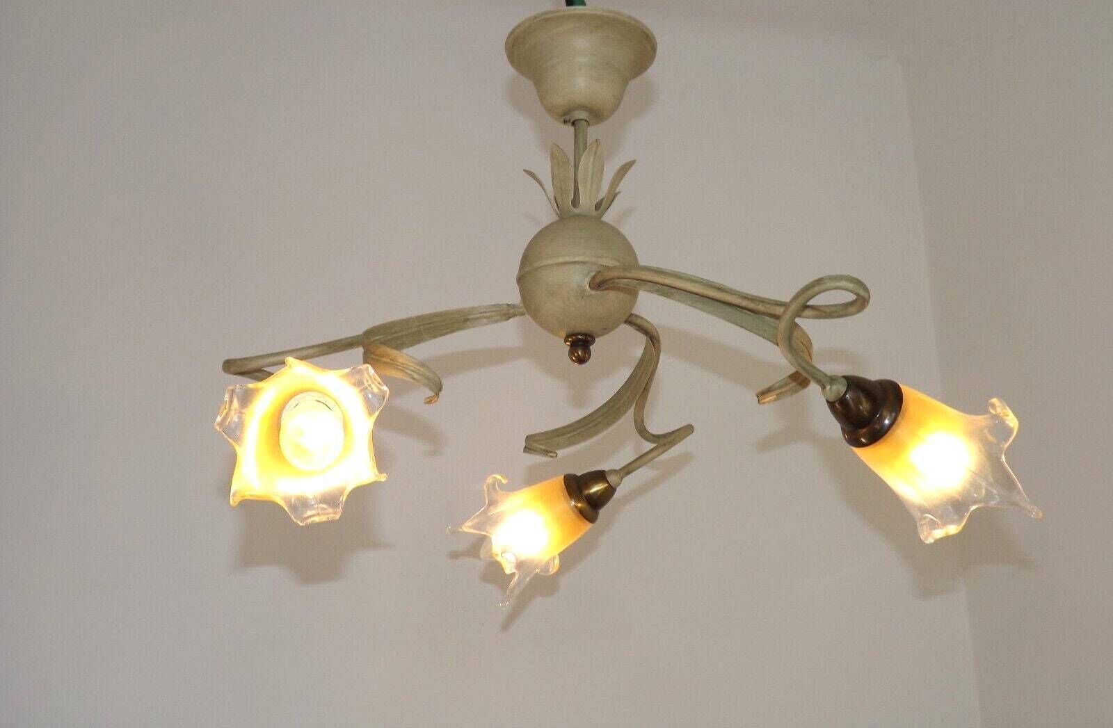 Stunning Italian Vintage 3 Light Tole Chandelier With Blown Glass Shades   Italian Vintage Toleware Lighting. Blown Glass Tulip Shades. photo vintage