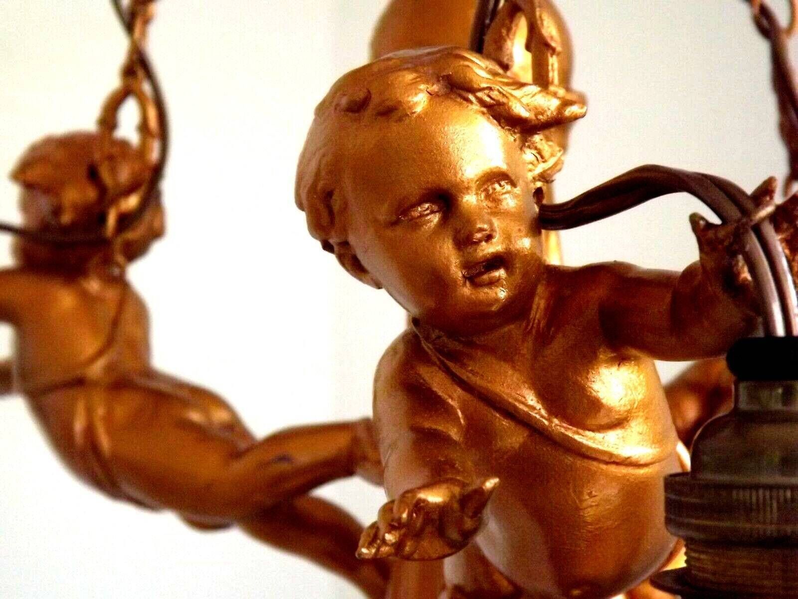 French Vintage Cherub Chandelier – Antique Gold Spelter 3 Light Fixture. Putti Angel Lighting – French Rococo Style Chandelier. Cherub Light photo buy