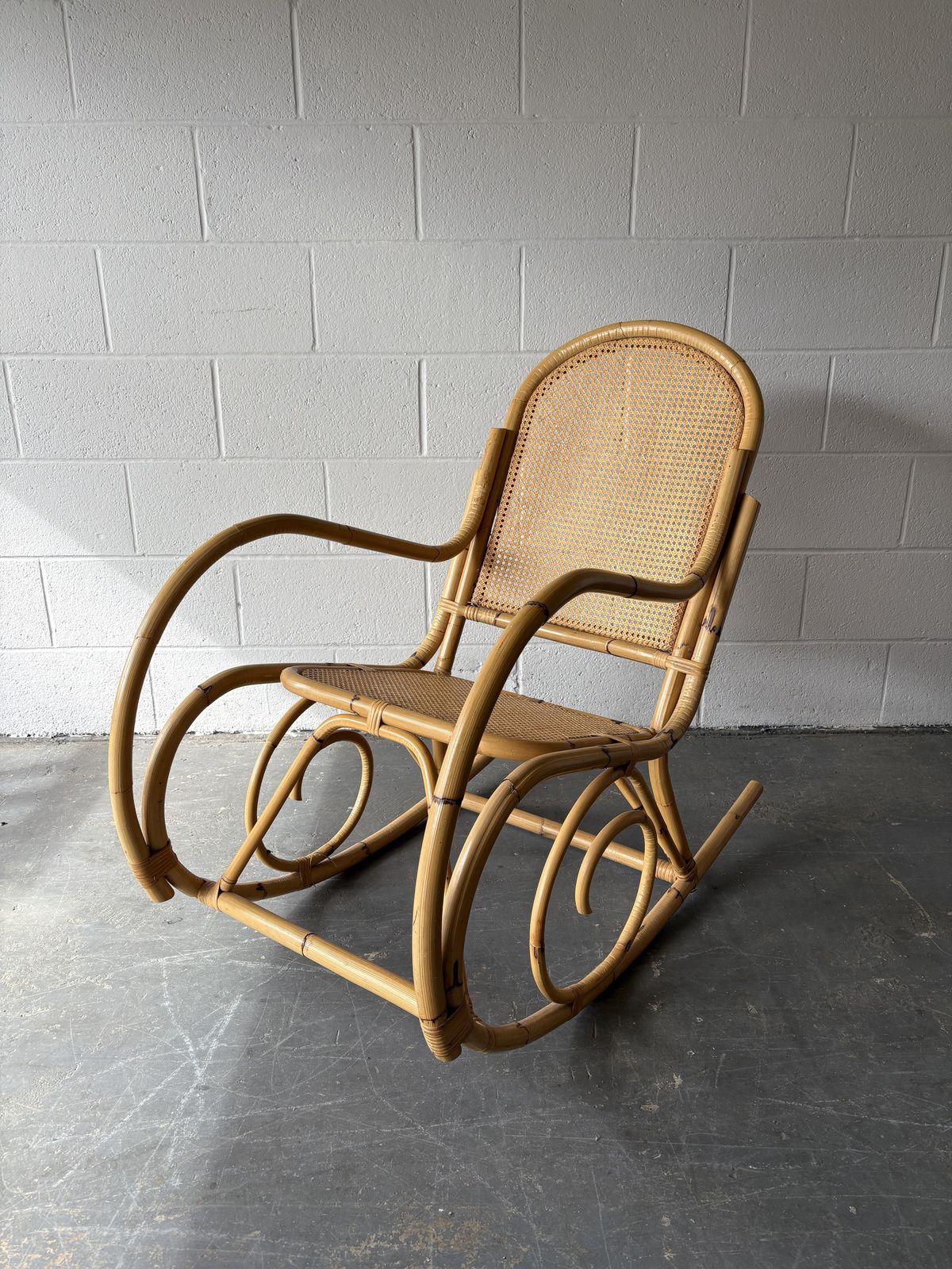 Vintage Bamboo Rocking Chair Canework Back And Seat
