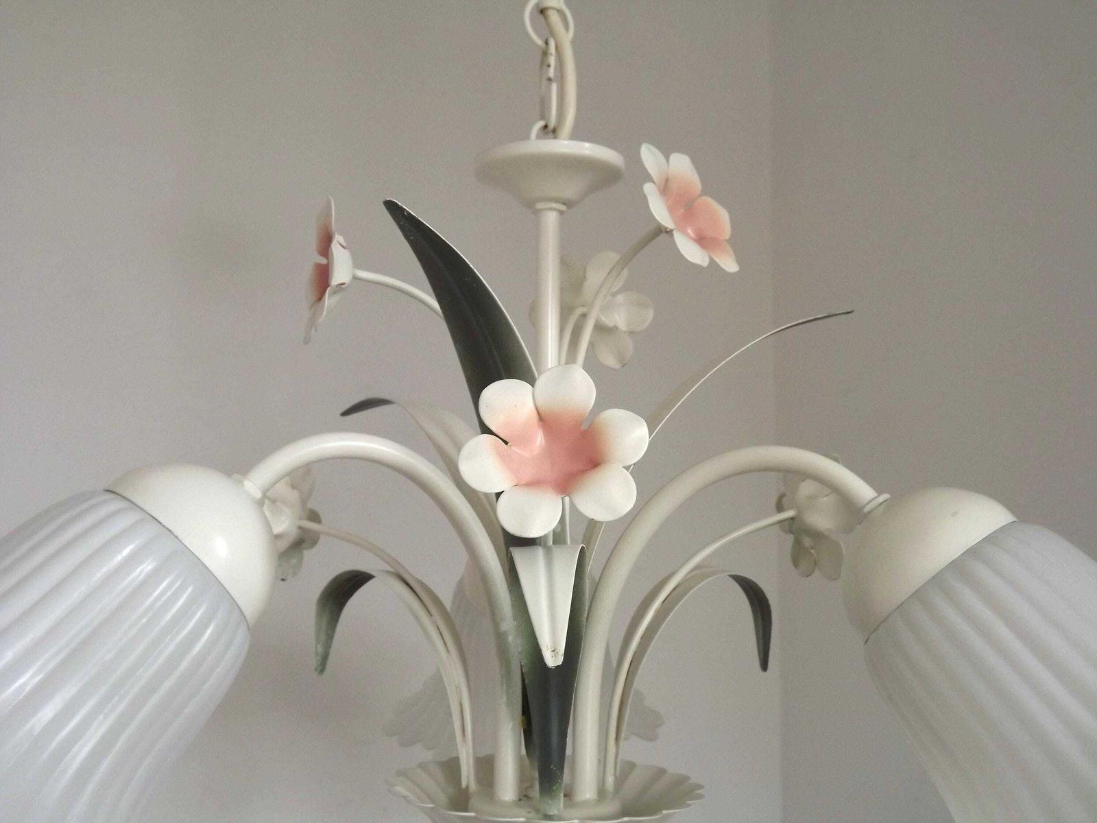 French Vintage 3 Light Pink & White Toleware Chandelier Glass Flower Shades   French Vintage Lighting. Toleware Chandelier. Shabby Chic photo 110.0