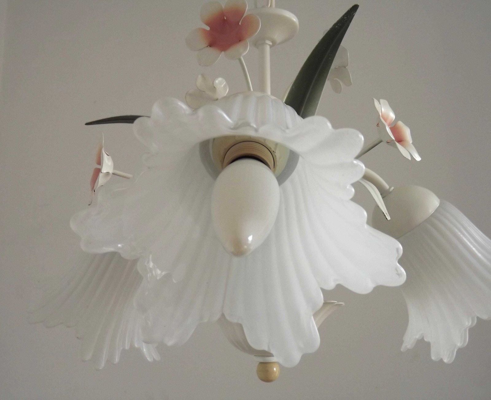 French Vintage 3 Light Pink & White Toleware Chandelier Glass Flower Shades   French Vintage Lighting. Toleware Chandelier. Shabby Chic photo vintage
