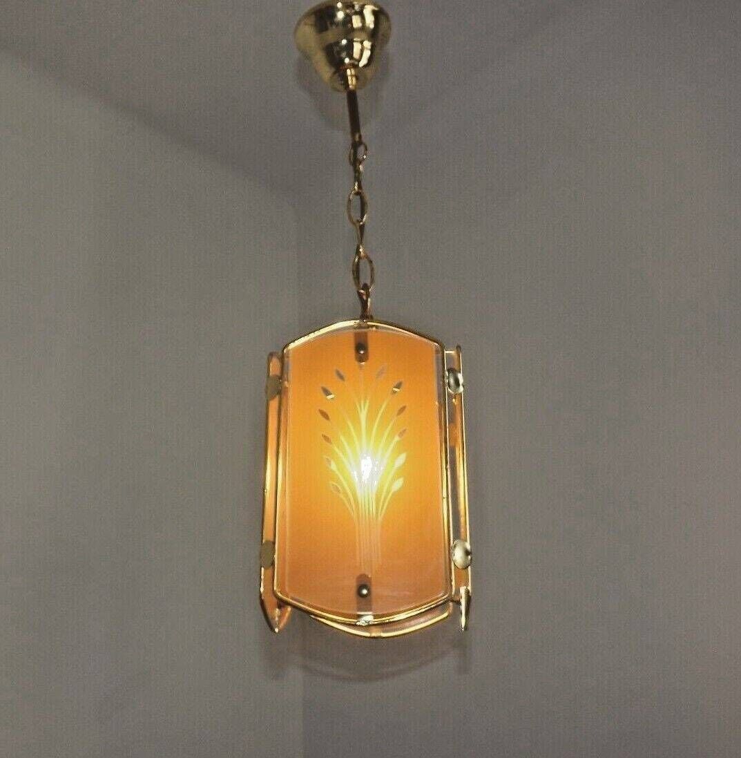 Vintage French Gold Metal Ceiling Light Wheat Sheaf Orange Glass Panels   French Vintage Lighting. Glass Panel Light. Wheatsheaf Pattern. photo 65.0