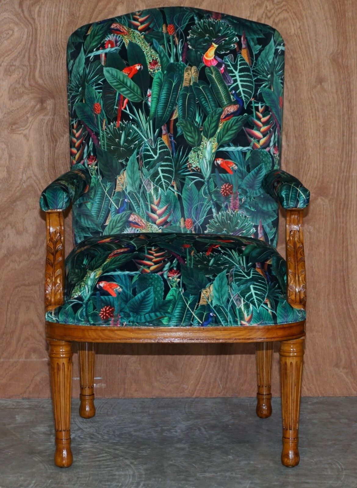 Lovely Vintage English Carver Walnut Armchair With Birds Of Paradise Upholstery photo furniture