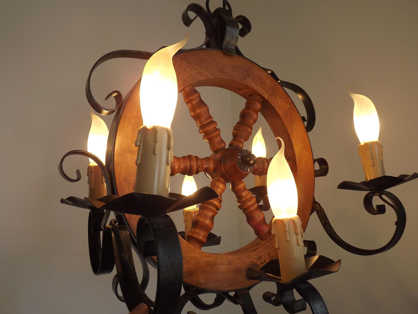photo for sale French Vintage Rustic 6 Light Chandelier Hand Carved Wood & Black Iron Wheel Ceiling Light   Farmhouse Lighting. Country Style Chandelier.