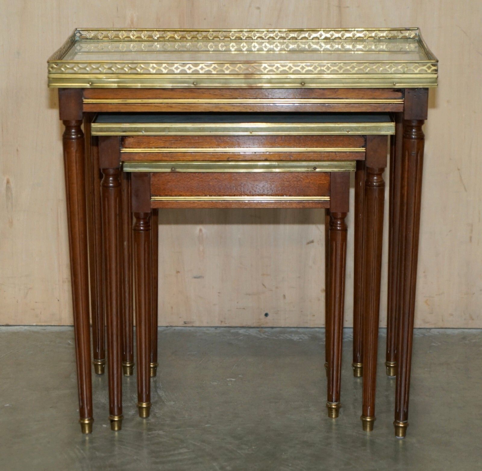 Vintage Nest Of French Empire Mahogany Italian Carrara Marble & Brass Tables photo Furniture