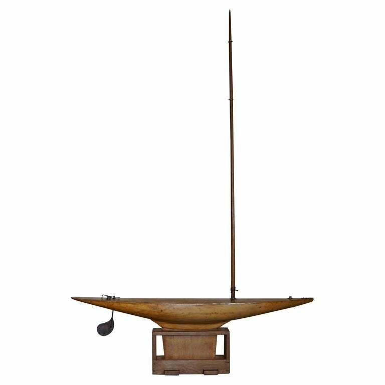 Large Antique Victorian Hand Made In England Pond Yacht With Original Oak Stand
