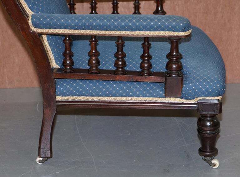 photo furniture Lovely Early Victorian Hardwood Library Reading Armchair Regency Blue Upholstery