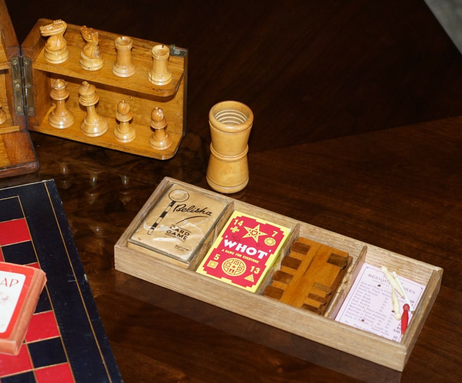 Royal Crown Stamped Victorian Oak Games Compendium Chess Cards Dominos Checkers photo vintage
