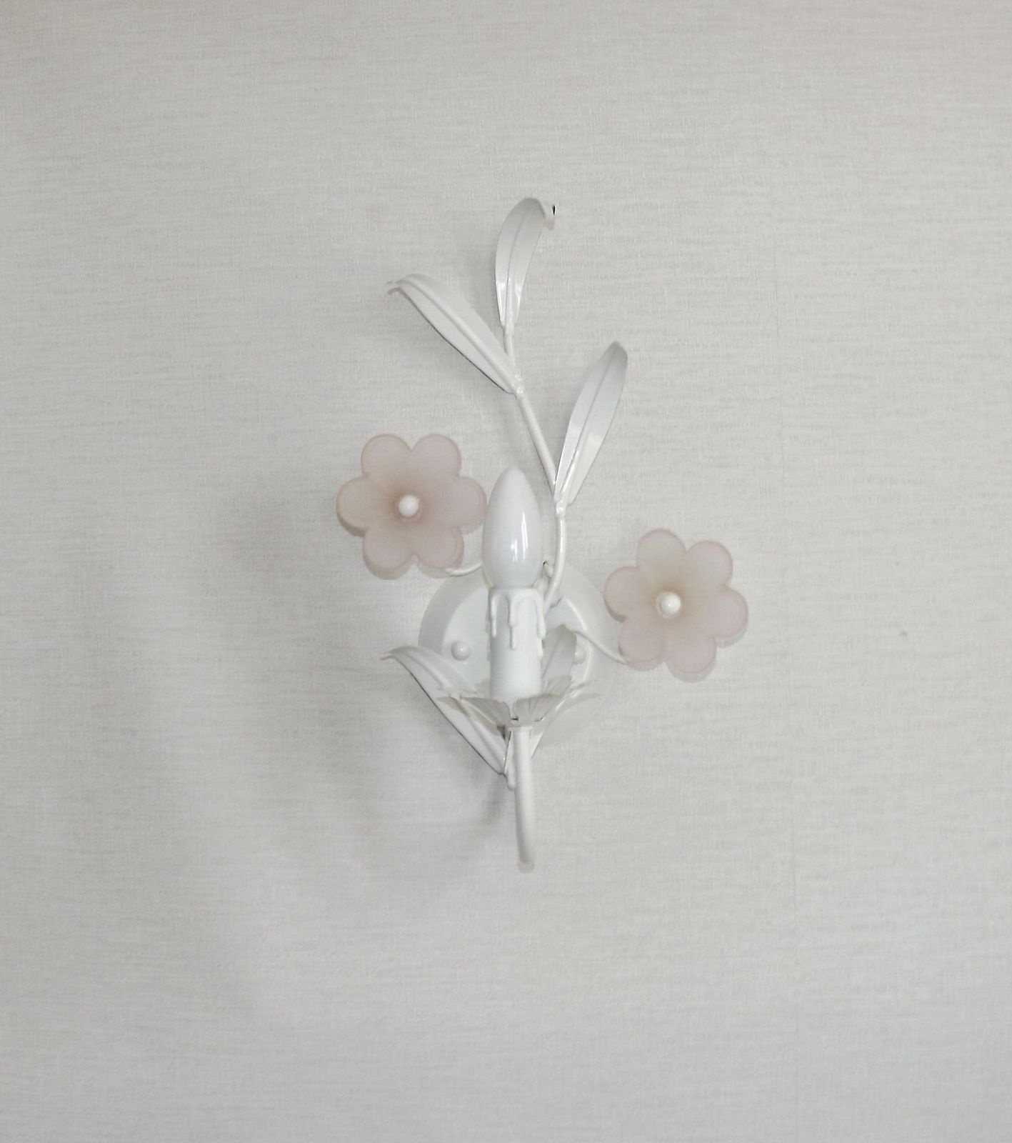 French Vintage White Toleware Double Wall Light Pink Glass Flowers   French Vintage Lighting. Double Toleware Sconce. Pink Glass Flowers.