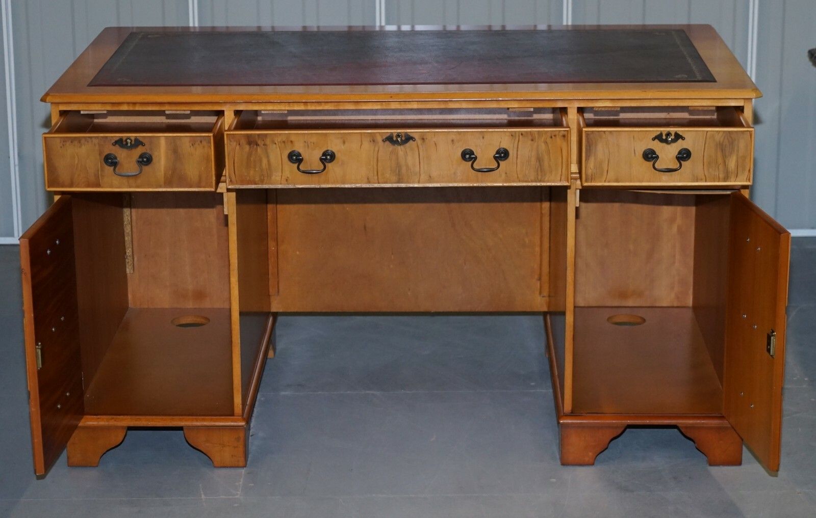 photo furniture Vintage Burr Satinwood Kneehole Partner Desk Oxblood Leather Top Panelled Back
