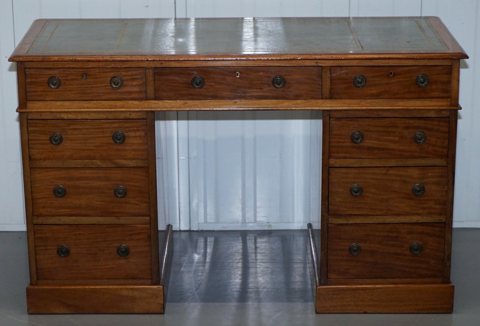 Lovely Heal & Sons Victorian Mahogany With Regency Blue Leather Top Partner Desk photo for sale